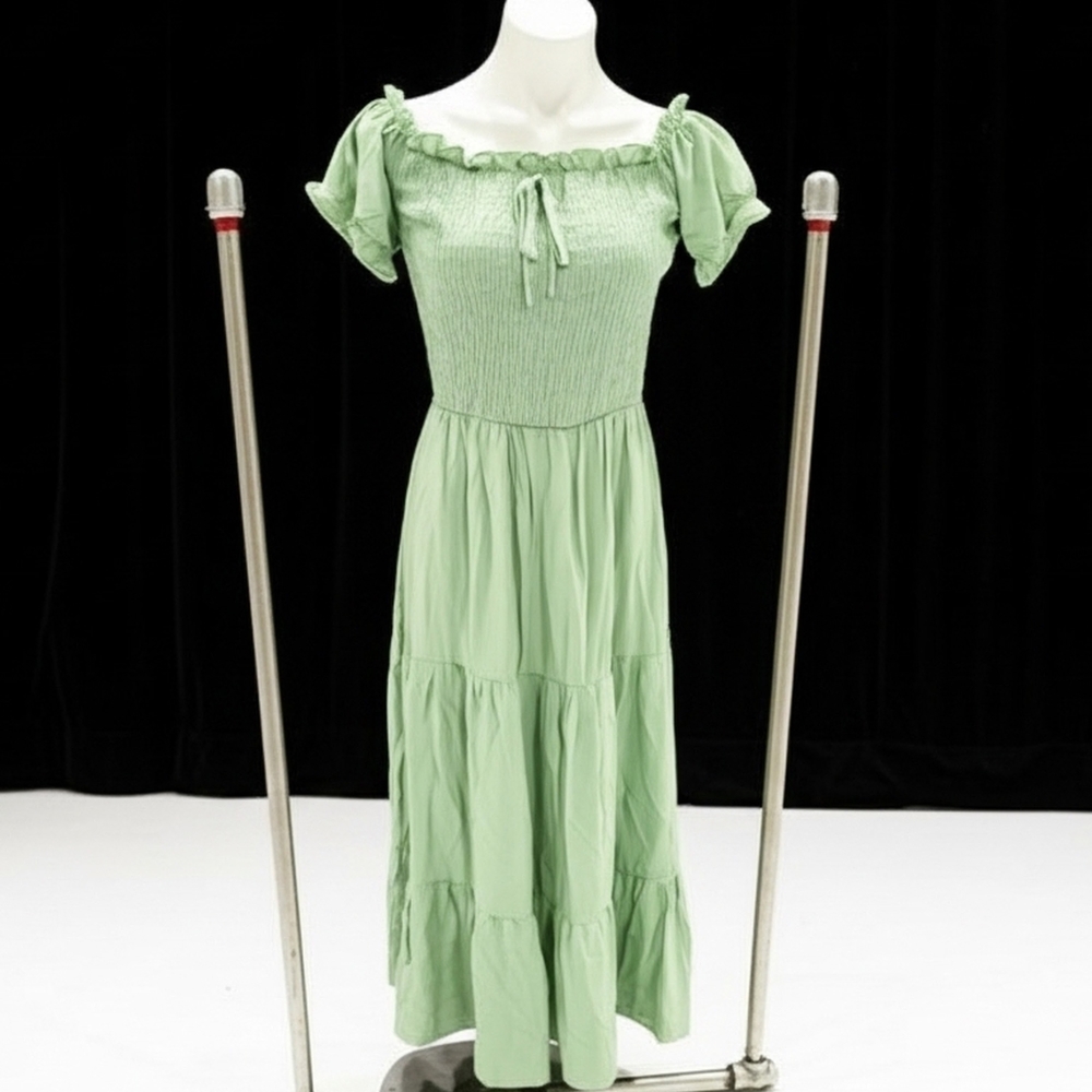 Green Off-Shoulder Smocked Dress